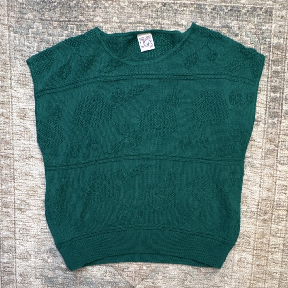 Vintage 80s Green Floral Knit Sleeveless Pullover Sweater Summer Preppy - L